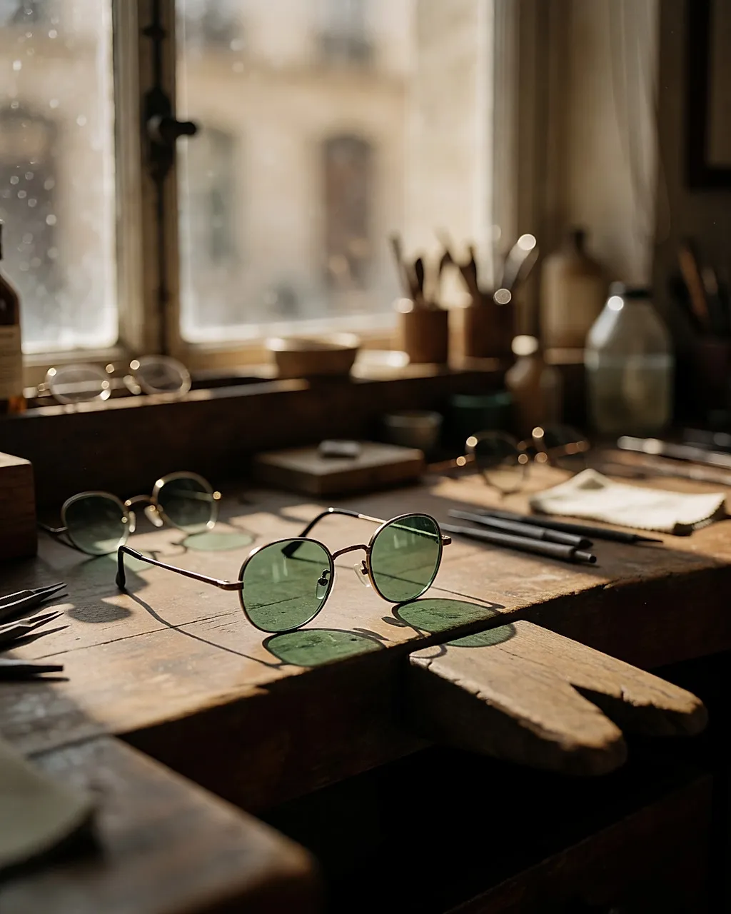 Taller de óptica: monturas finas de metal y lentes tintadas de verde sobre un banco de madera