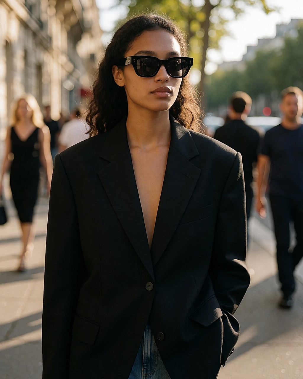 Jeune femme métissée en blazer portant des lunettes de soleil trapézoïdales en acétate noir, dans la rue