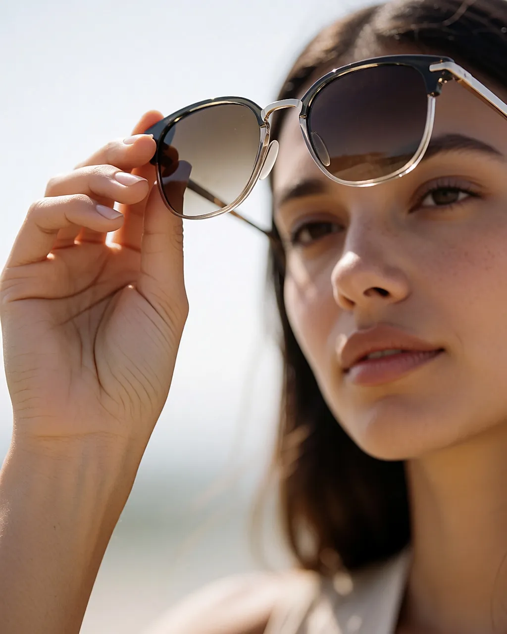 Una mano sosteniendo unas gafas de sol a contraluz, donde se aprecian el tono y la profundidad de la lente