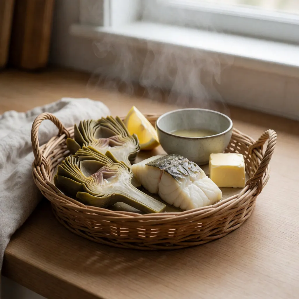 Zutaten für das Artischocken-Kabeljau-Püree: gegarte Artischockenböden, gedämpfter Kabeljau, Butter und Zitrone