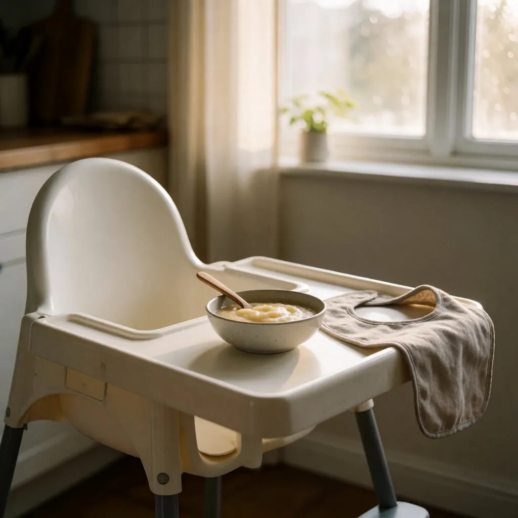 Kleiner Brei-Bowl und Löffel auf dem Tablett eines Hochstuhls in einer ruhigen Küche
