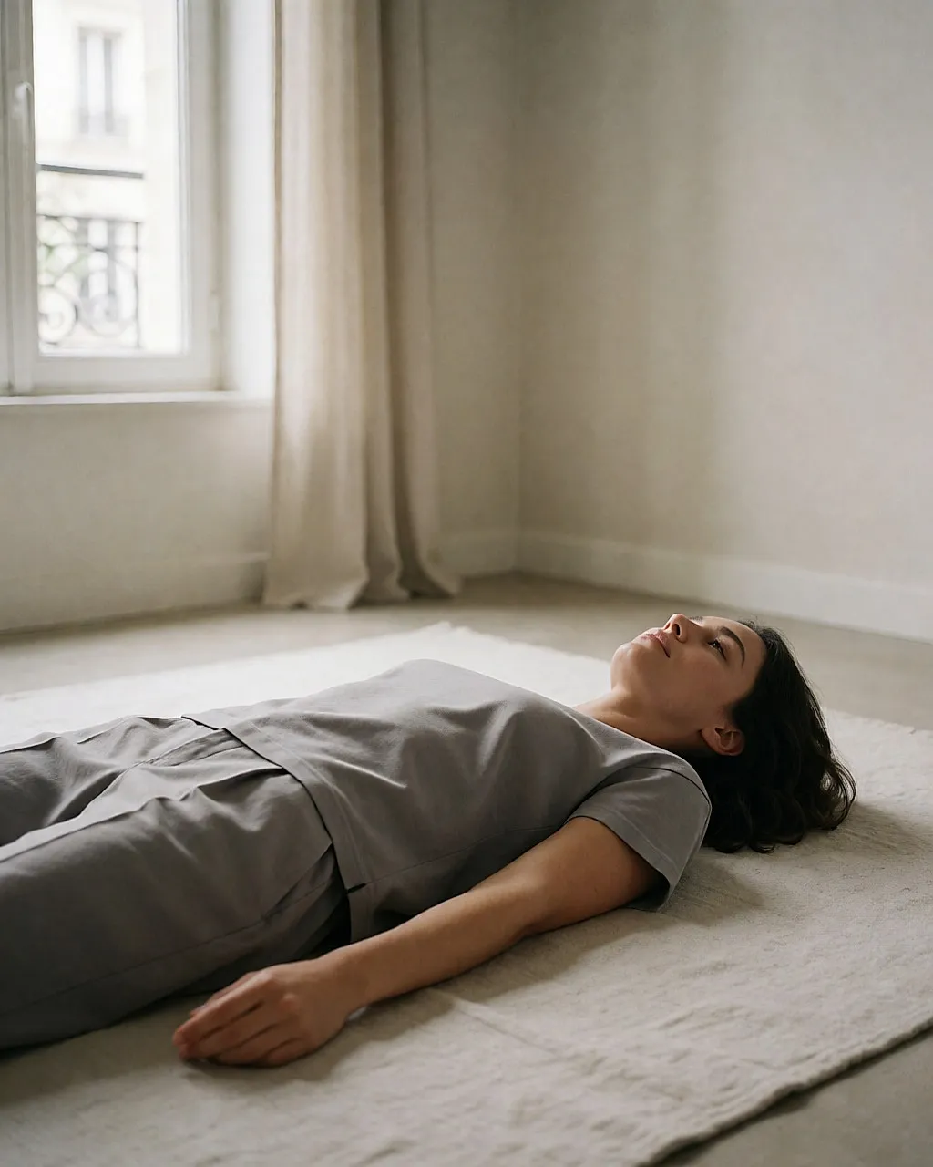 A woman lying on a mat, arms by her sides, eyes closed