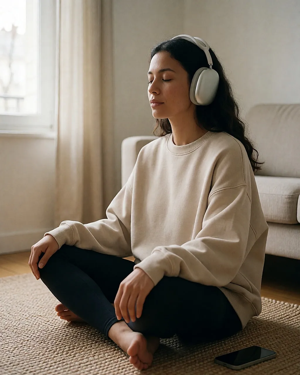 A woman sitting cross-legged at home wearing headphones, eyes closed