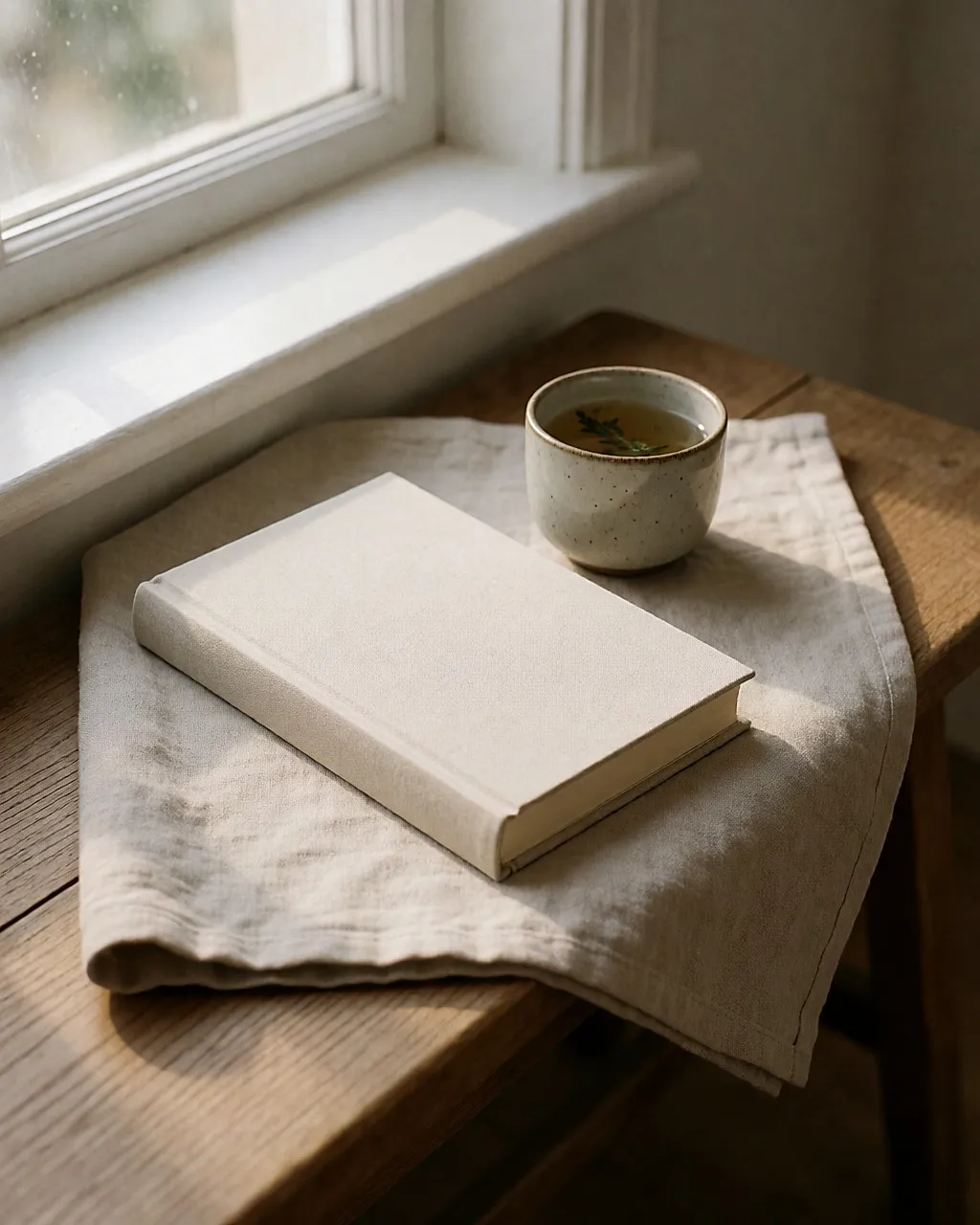 A closed book and a mug on a wooden bench beside a window