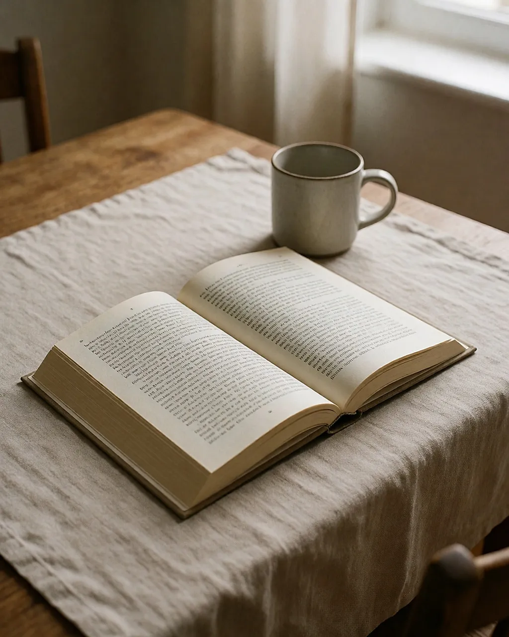 An open book flat on a wooden table beside a mug