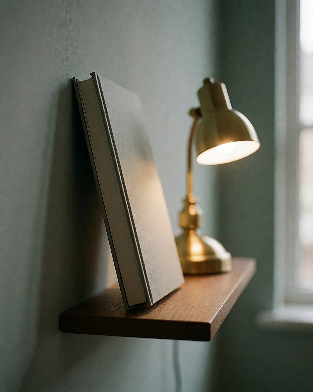 A closed book on a shelf, lit by a small lamp