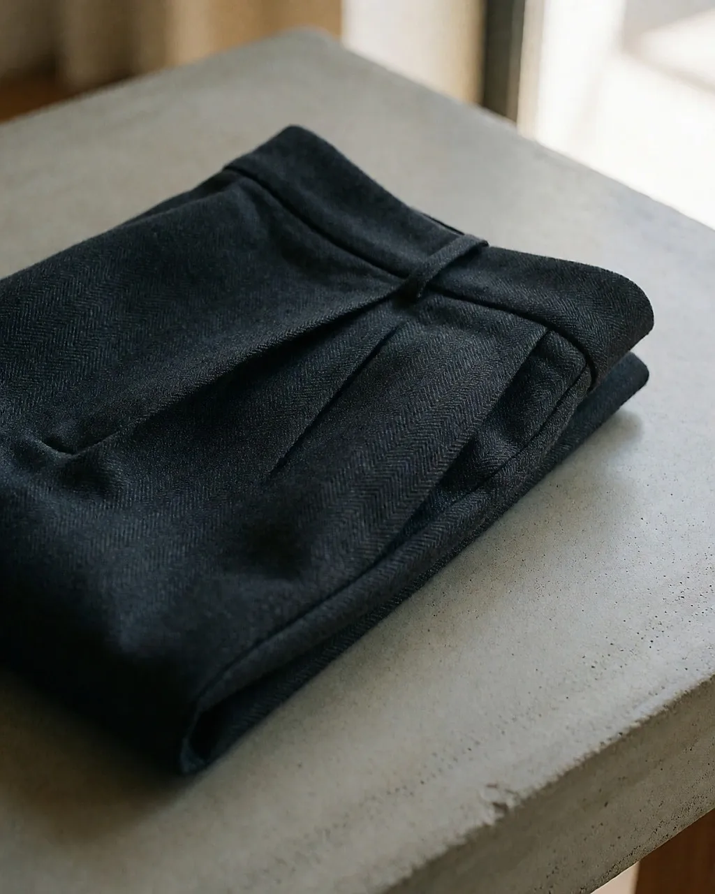 Tejido mate con espiga discreta en un pantalón de talle alto liso oscuro