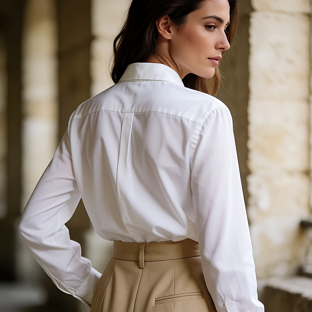 Pantalón de traje de talle alto con pinzas en beige y camisa blanca, visto de tres cuartos por detrás