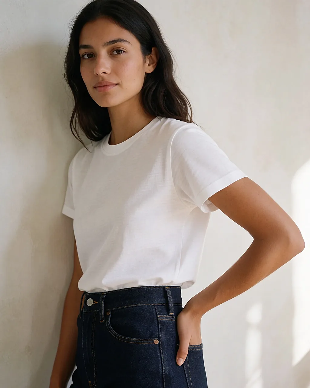 Camiseta fina metida bien plana dentro de un vaquero de talle alto, línea de cintura bien visible