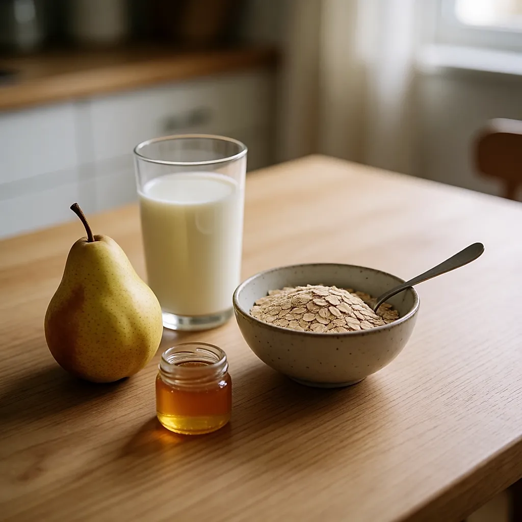 Un verre de lait, des fruits entiers et un petit bol de cubes de sucre sur un plan de travail