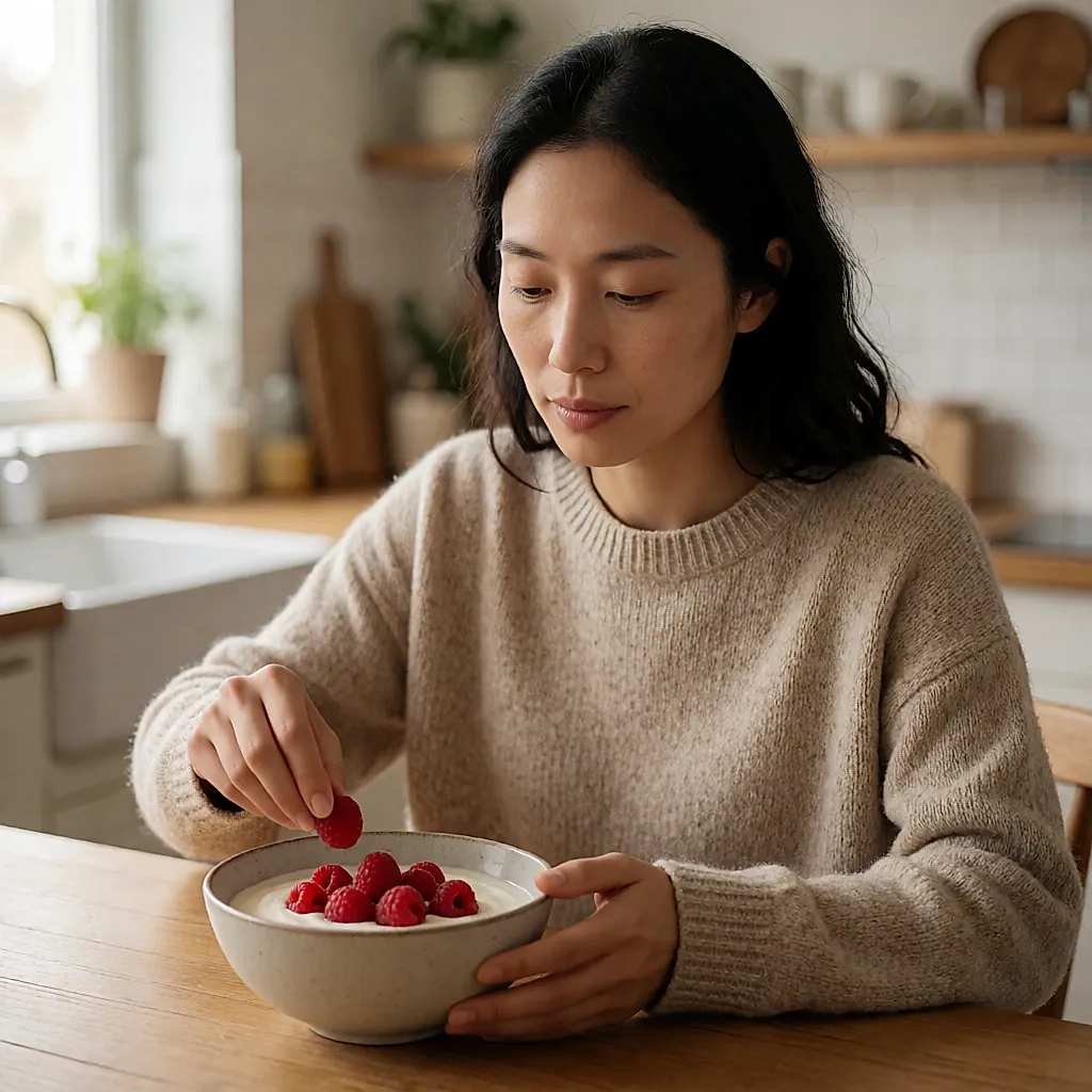 A young woman tasting plain yoghurt in a bright kitchen