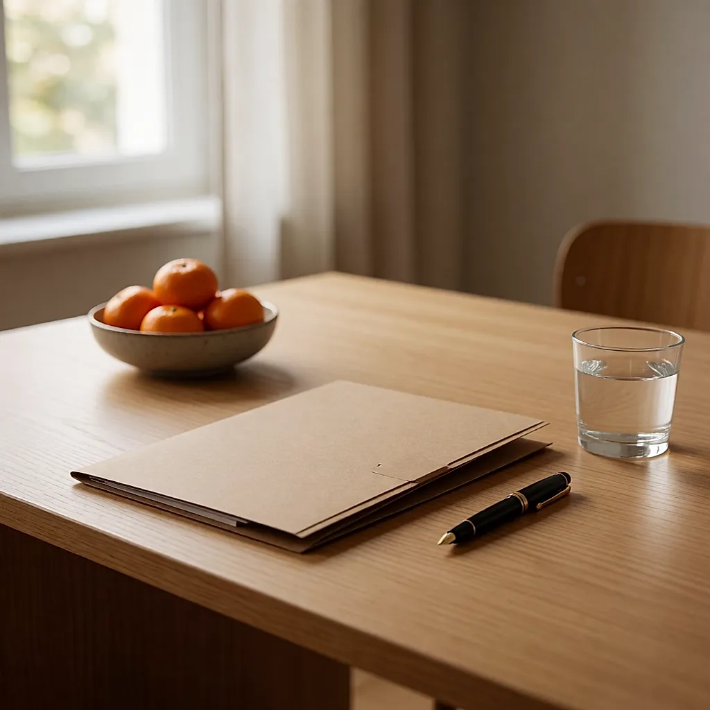 Un bureau clair avec un carnet ouvert, un stylo et un bol de clémentines