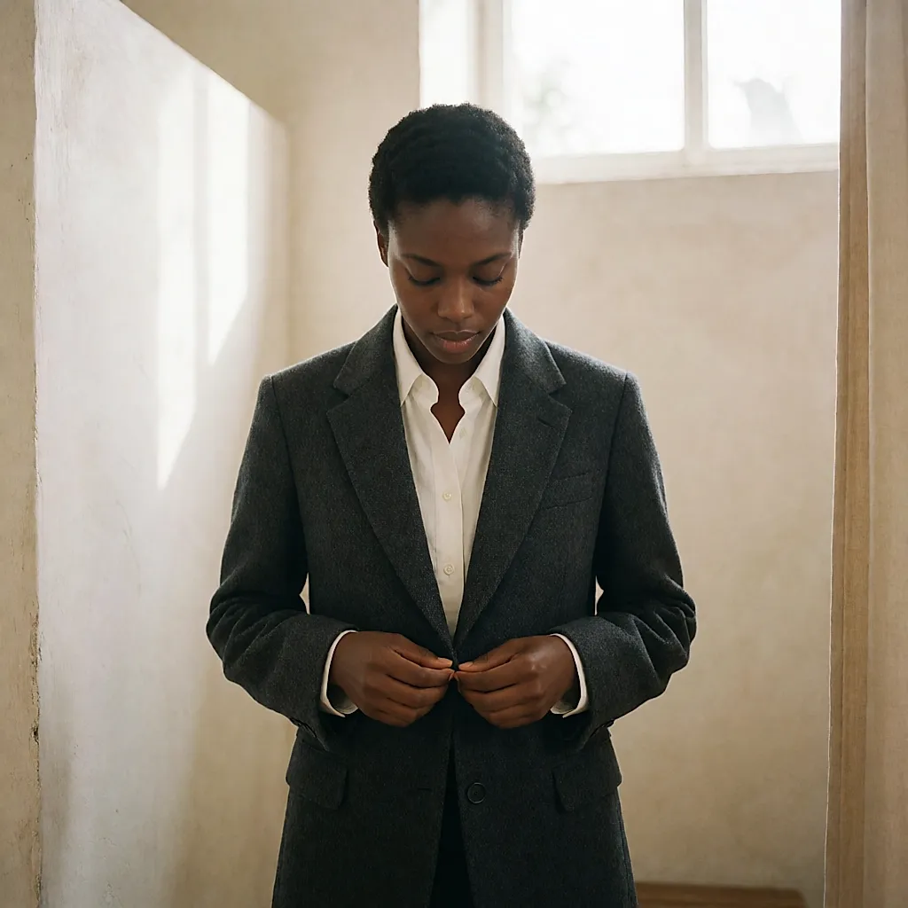 Une femme en cabine d'essayage examine le bouton d'une veste en laine