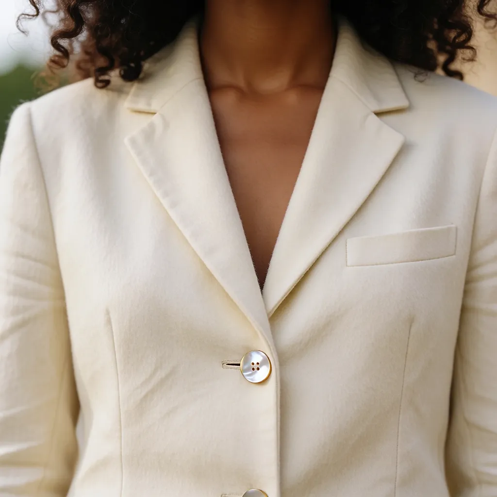 Détail d'un bouton en nacre sur un blazer crème porté