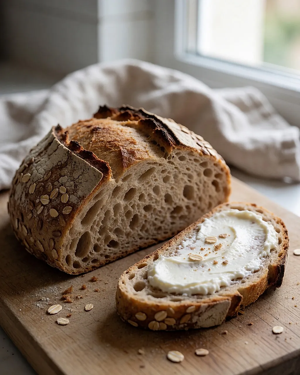 Geschnittenes Sauerteig-Vollkornbrot auf einem Holzbrett, eine Scheibe mit Quark bestrichen