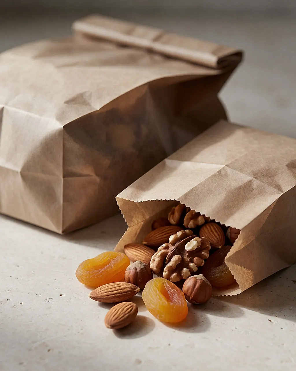 Pequeña porción de almendras, nueces y orejones en una bolsita de papel kraft abierta