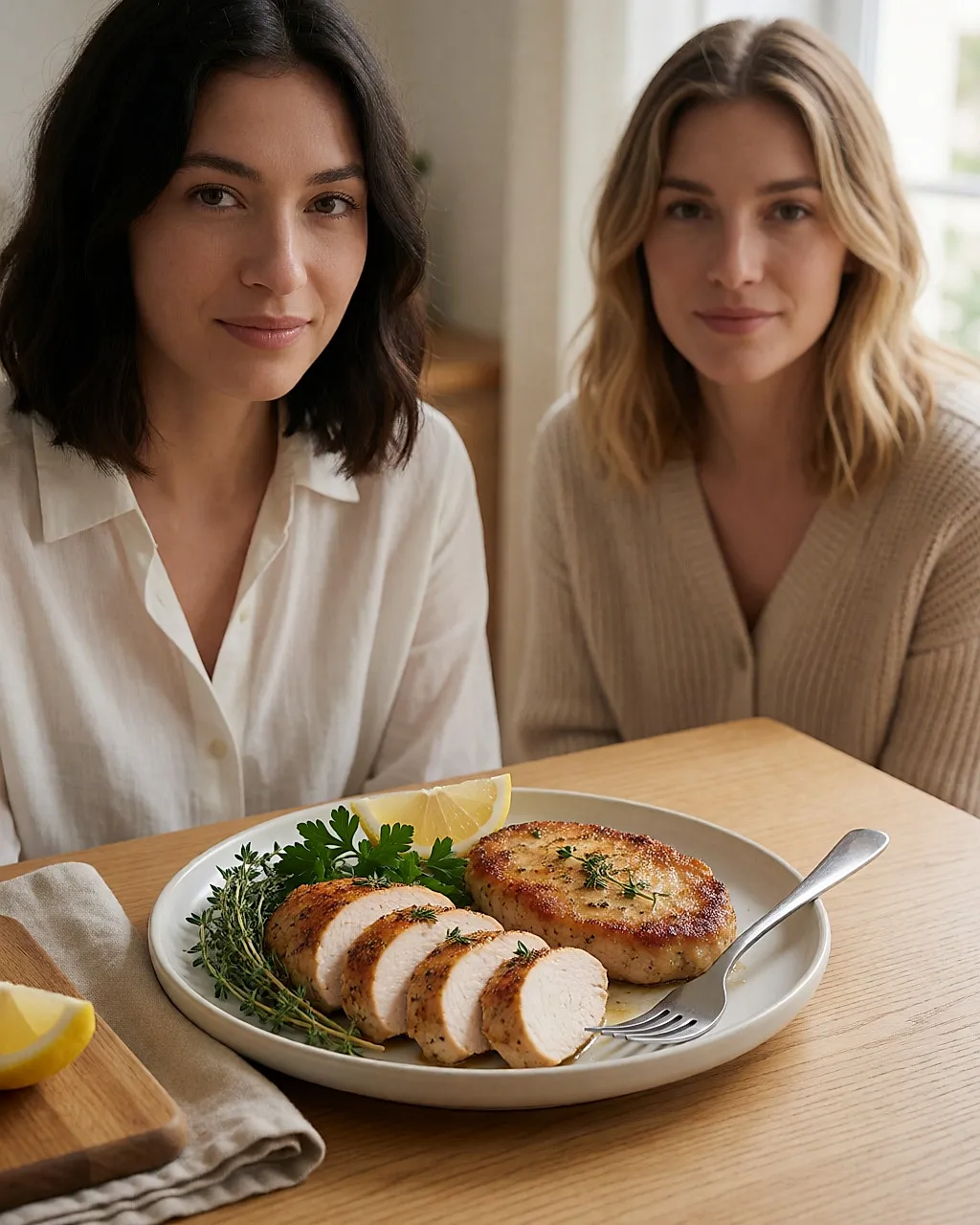 Filetes de pollo y pavo asados con hierbas y un gajo de limón