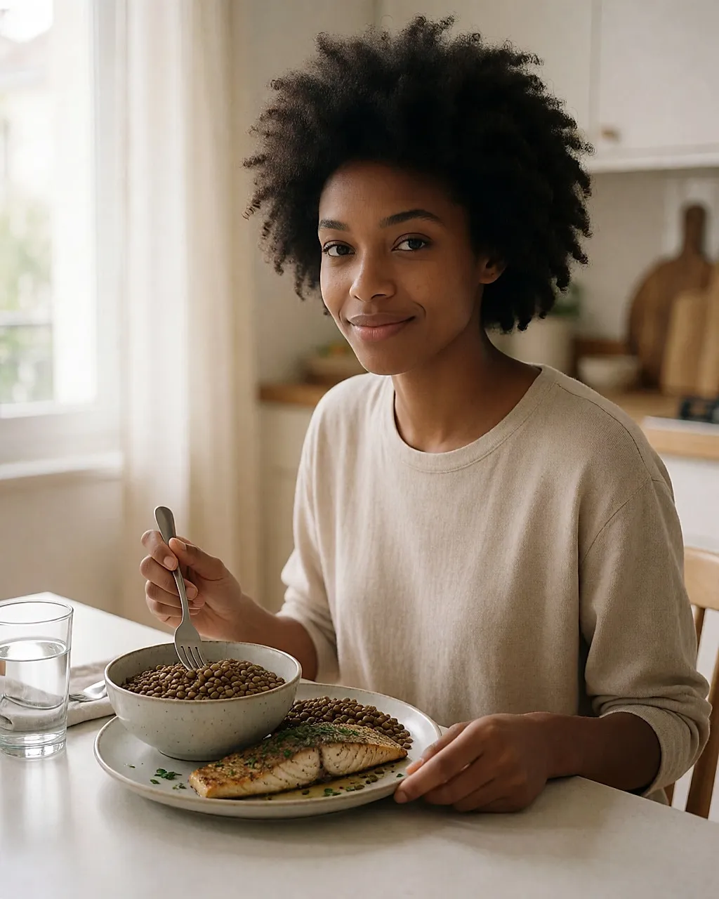 Mujer joven componiendo su plato de verduras, legumbres y pescado