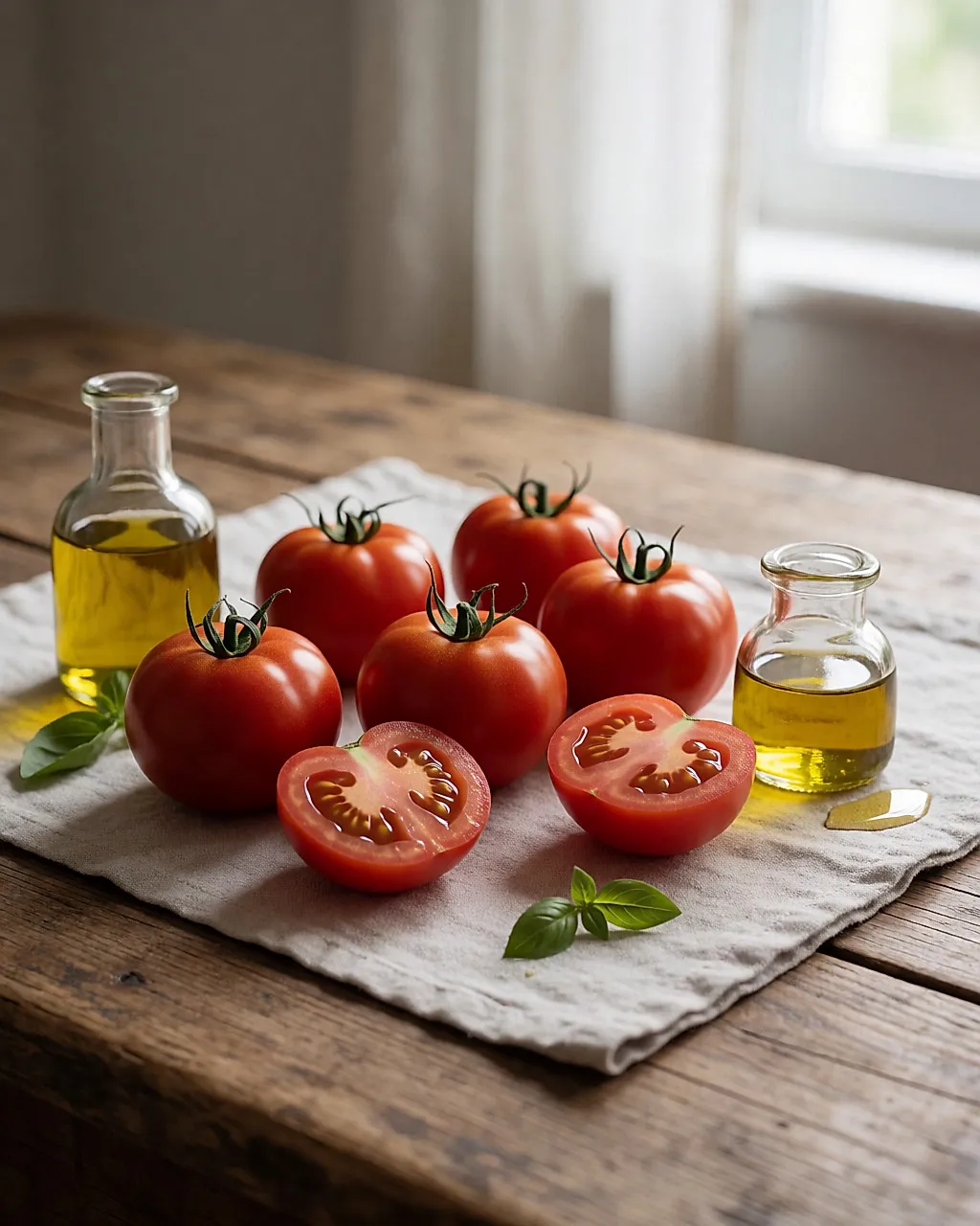 Tomates frescos, uno de ellos cortado, con un chorrito de aceite de oliva y albahaca