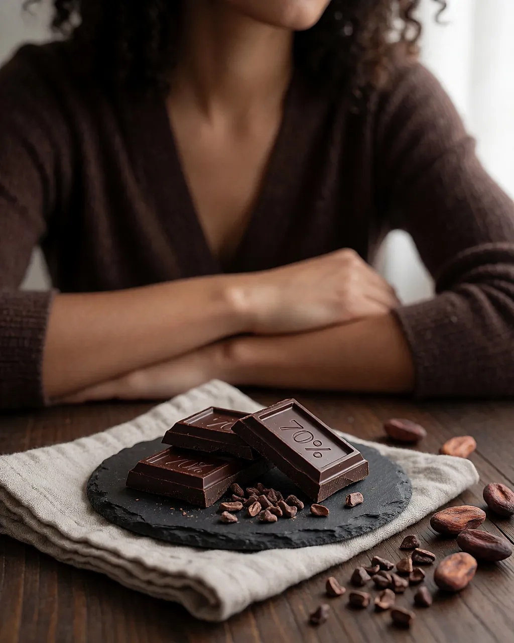 Tres onzas de chocolate negro al 70 % sobre una pizarra con trocitos de cacao