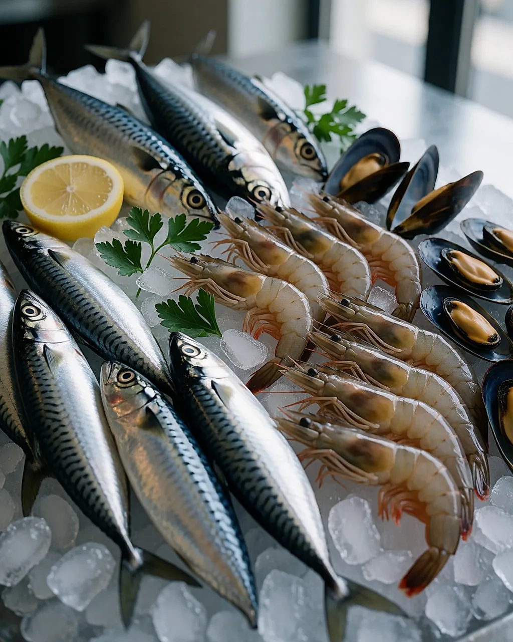 Sardinas, caballas, gambas y mejillones frescos sobre una cama de hielo