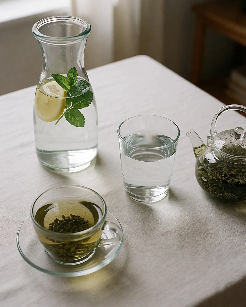 Jarra de agua con limón, vaso de agua y taza de té verde a granel