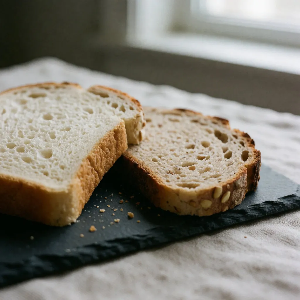 Una rebanada de pan blanco y otra de pan integral, una junto a la otra, sobre una tabla de pizarra