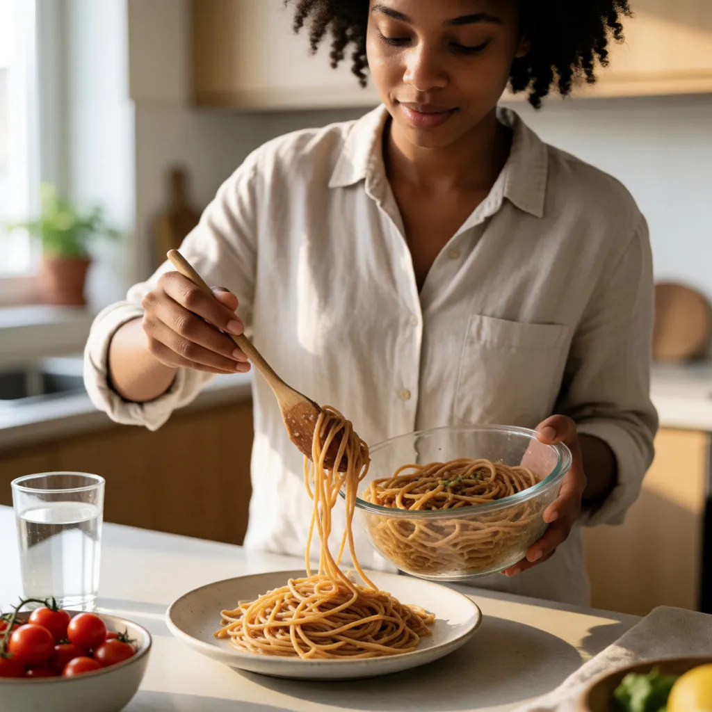 Mujer joven sirviendo una ración medida de pasta integral en una cocina luminosa