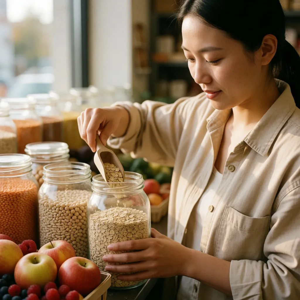 Mujer joven llenando un tarro de vidrio con avena a granel, rodeada de tarros de legumbres