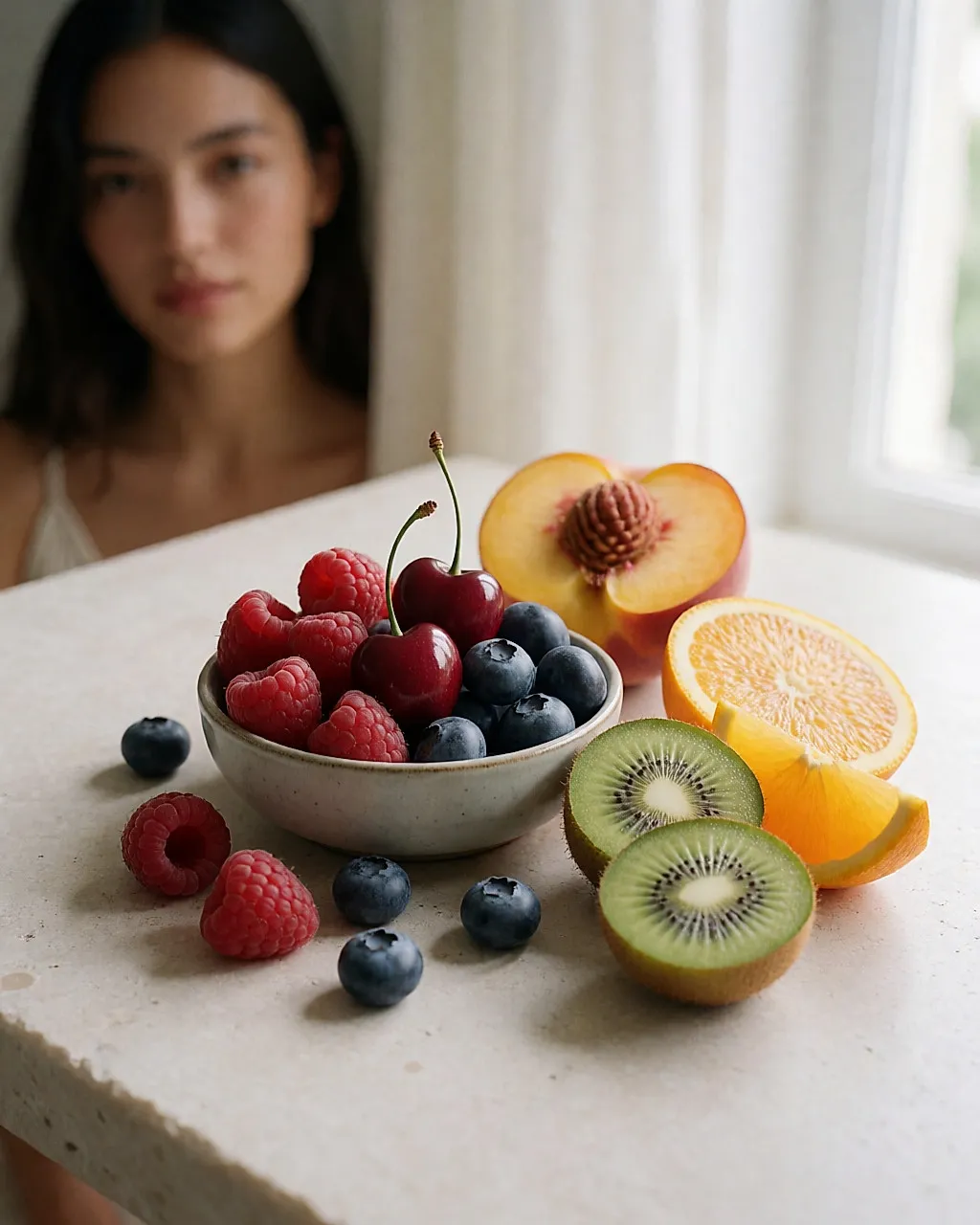 Frutas frescas de bajo índice glucémico, frutos rojos y cítricos cortados