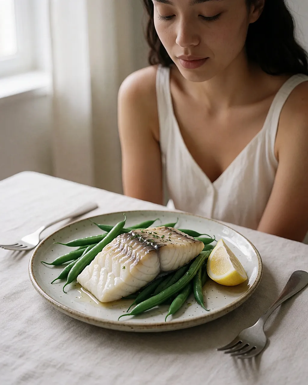 Ein pochiertes Fischfilet mit grünen Bohnen und einer Zitronenscheibe