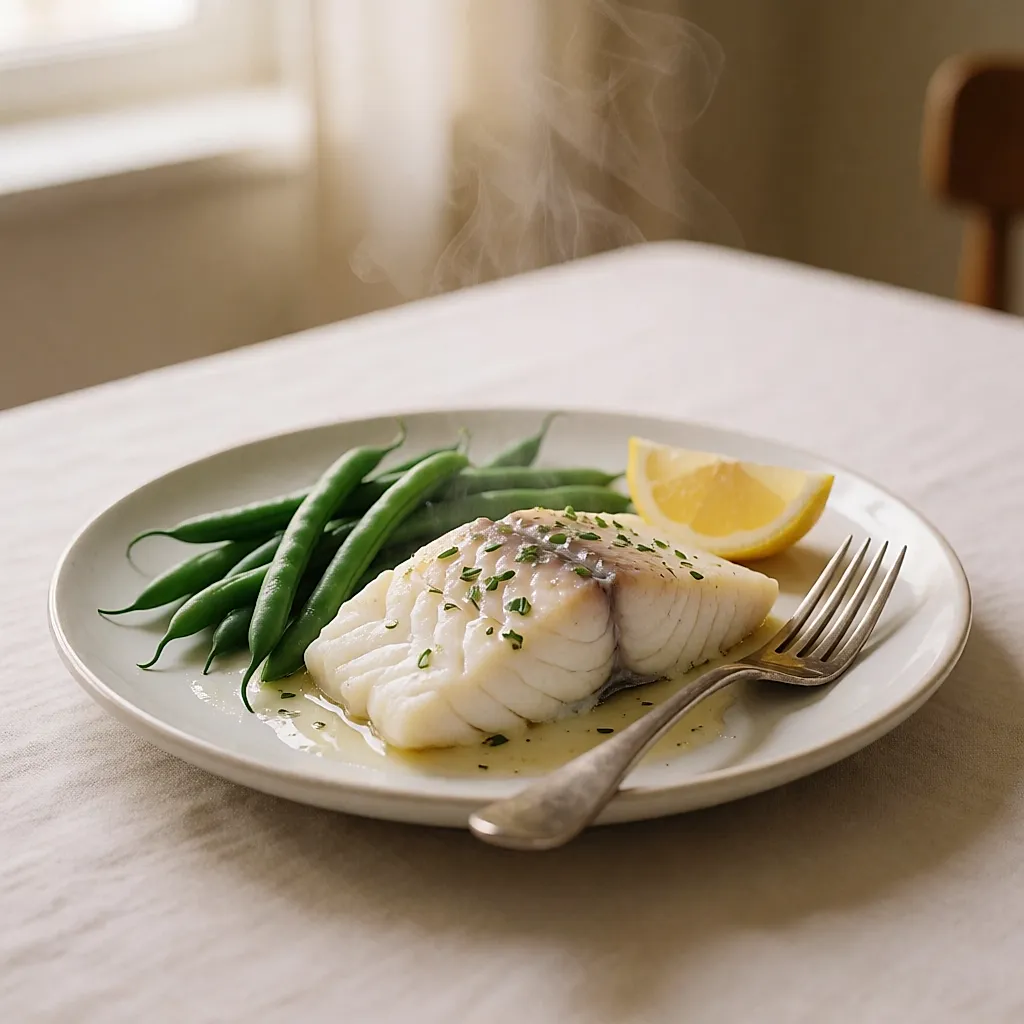 Filet de poisson poché, haricots verts et quartier de citron dans une assiette claire
