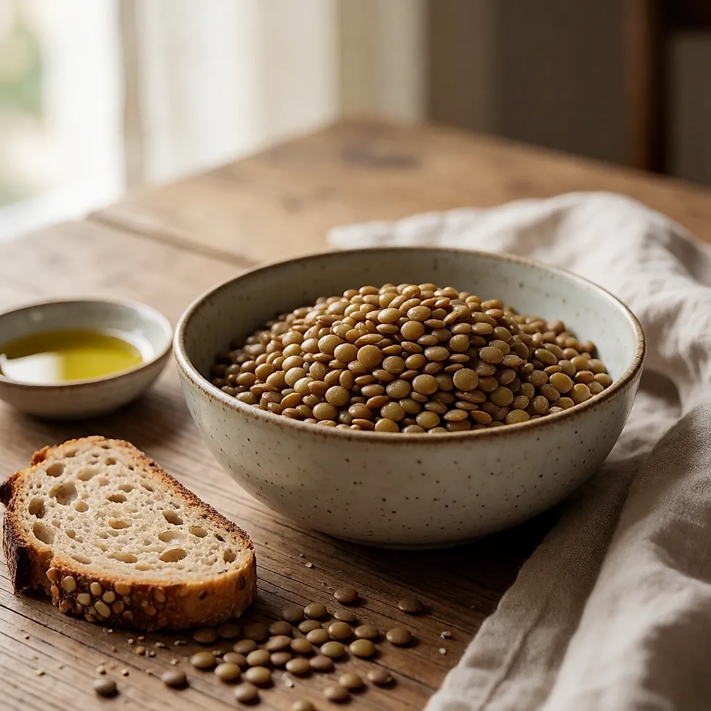 Bol de lentilles cuites et tranche de pain complet sur une table en bois