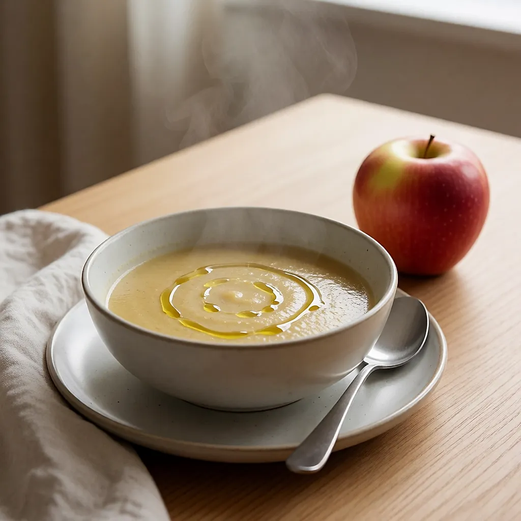 Bol de soupe de légumes fumante et pomme entière posés sur une table claire
