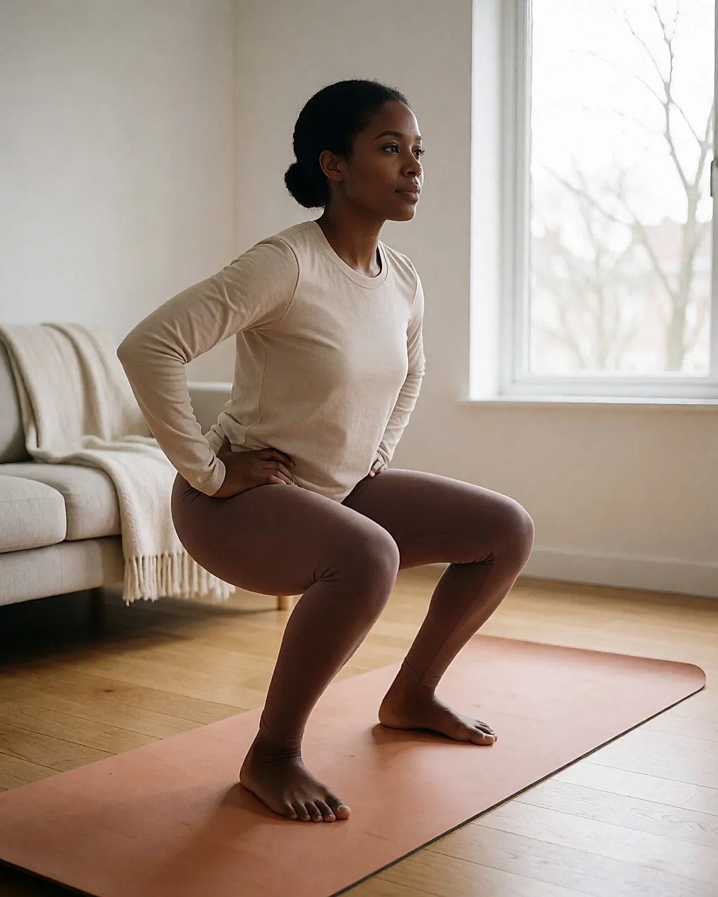 Woman doing a squat on a yoga mat in a bright living room, wide shot