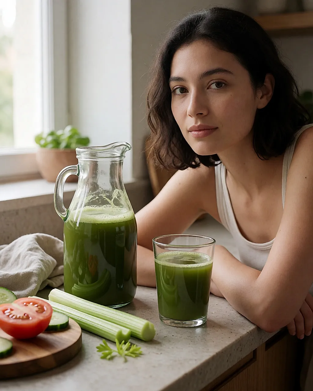Homemade vegetable juice in a glass jug, surrounded by fresh chopped vegetables