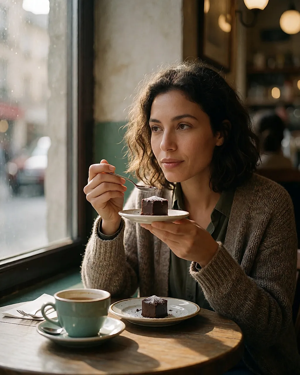 Woman savouring a small chocolate dessert at a cafe table, warm light