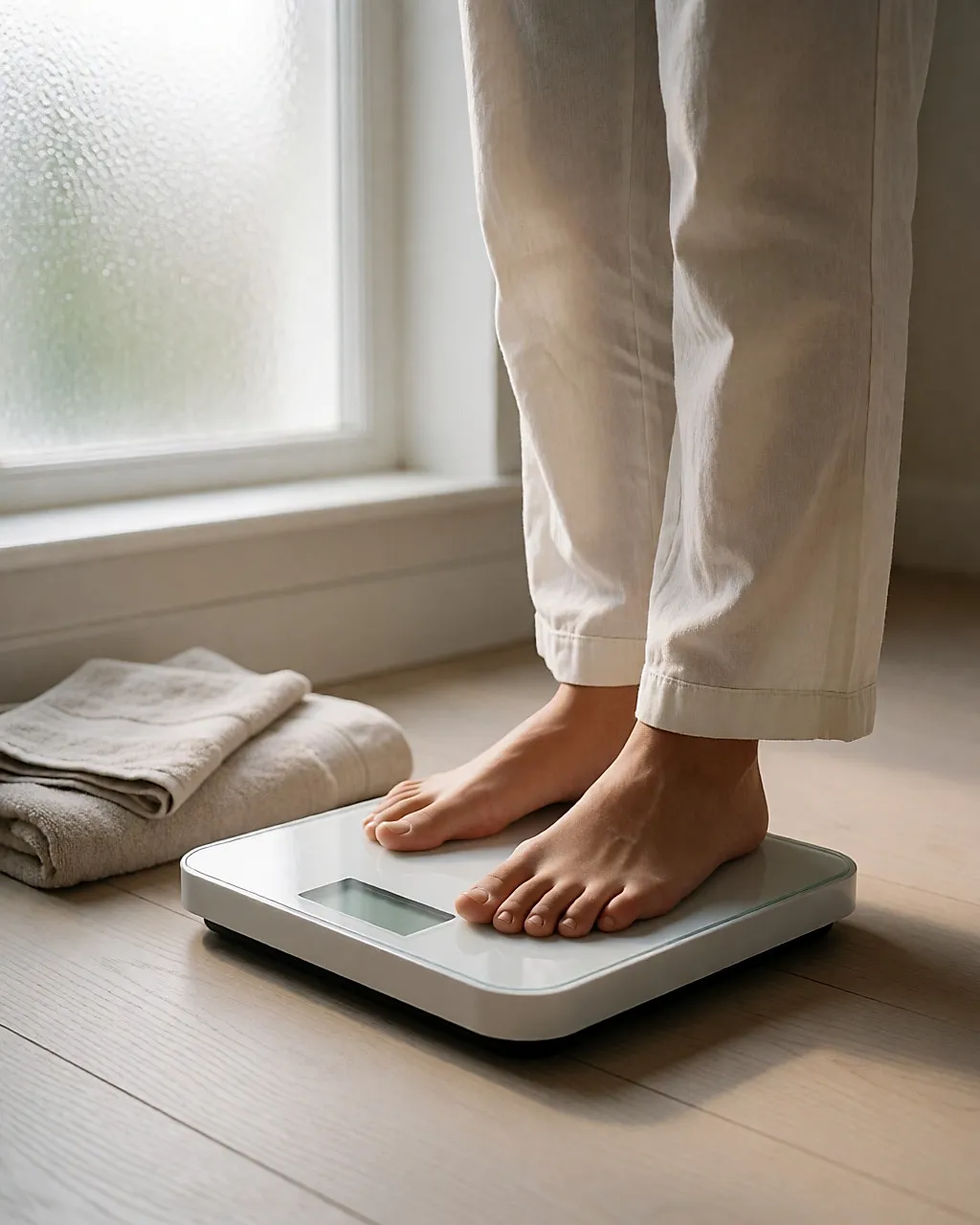 Bare feet on bathroom scales, light wood floor, soft morning light