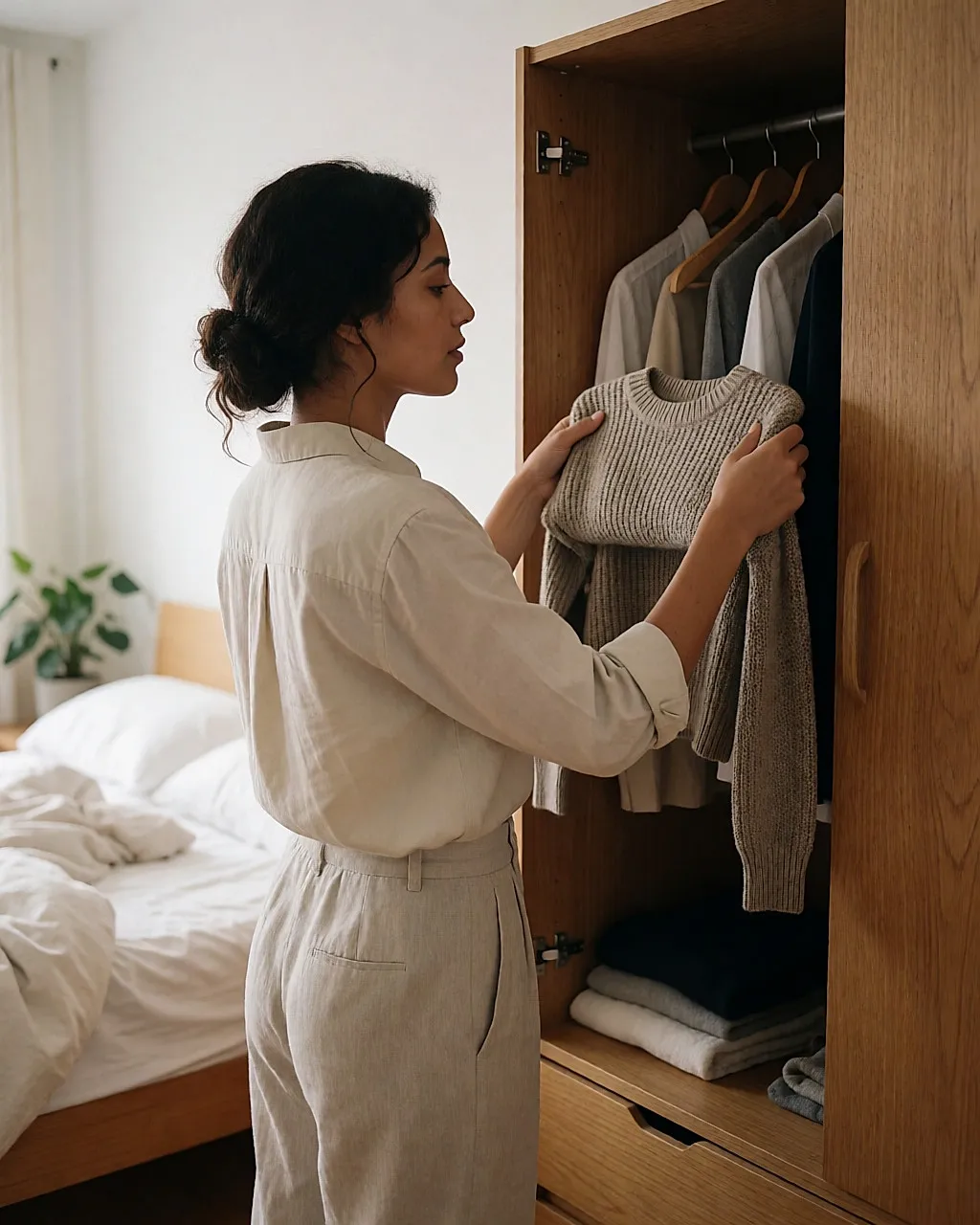 Woman in front of an open wardrobe in a bright bedroom, three-quarter rear view