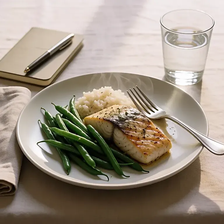 A laid place setting with grilled fish, green beans and a small portion of rice, showing what a balanced weight-loss meal can look like
