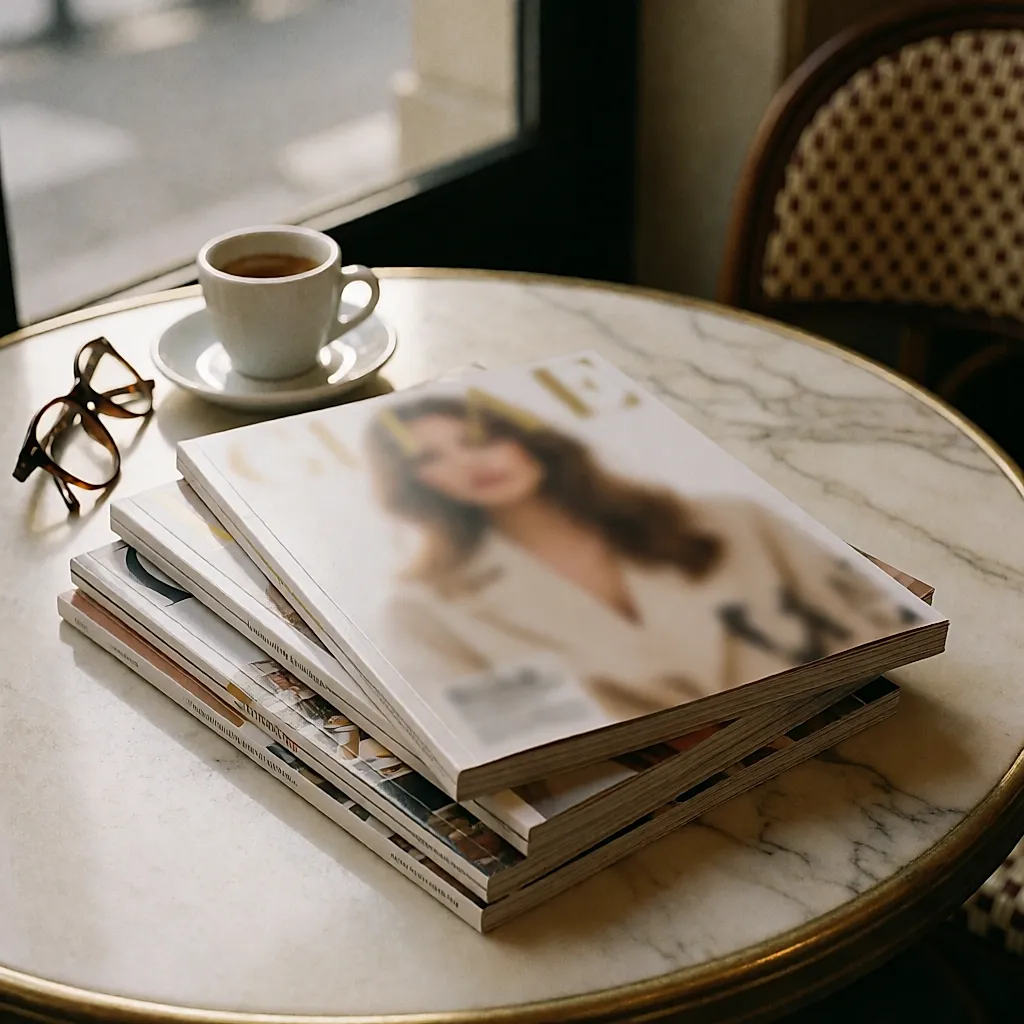 Une pile de magazines féminins posée sur une table de café, près d'une tasse