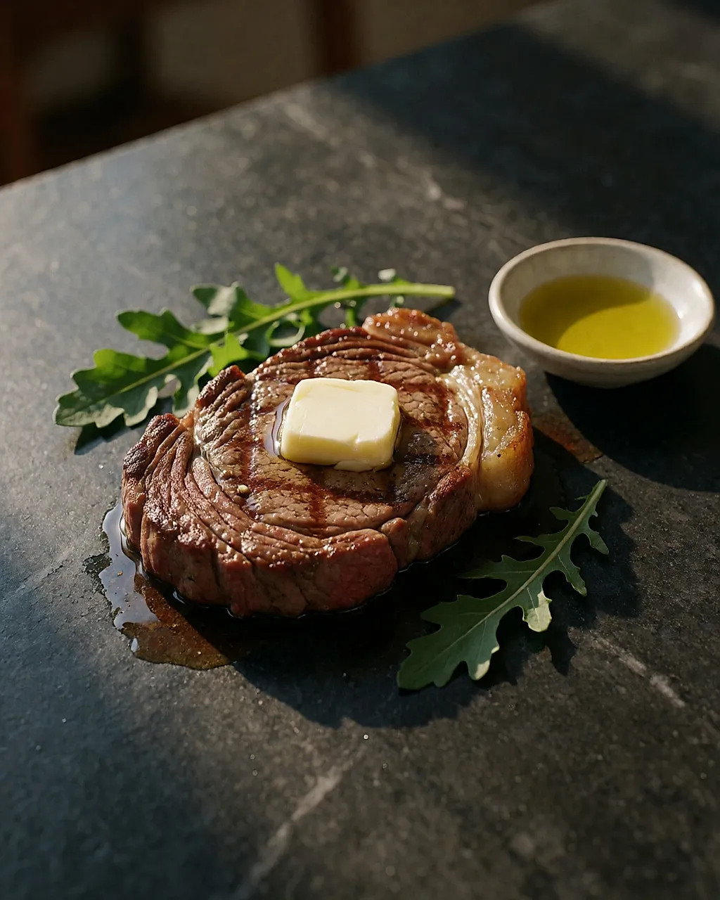 Plano aproximado de um bife grelhado, um pedacinho de manteiga e algumas folhas de rúcula