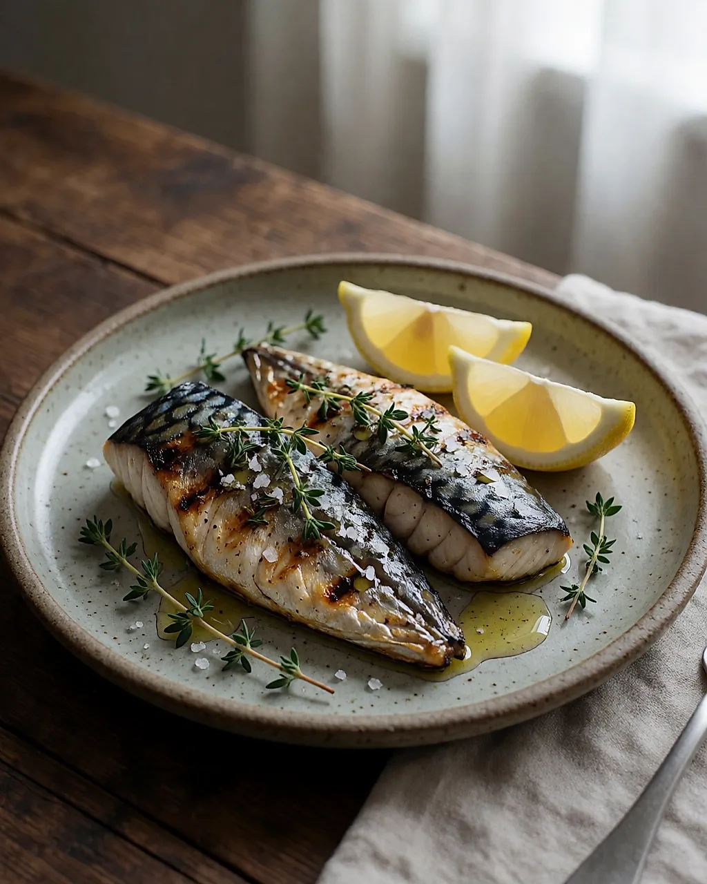 Grilled mackerel with lemon and olive oil on a rustic plate