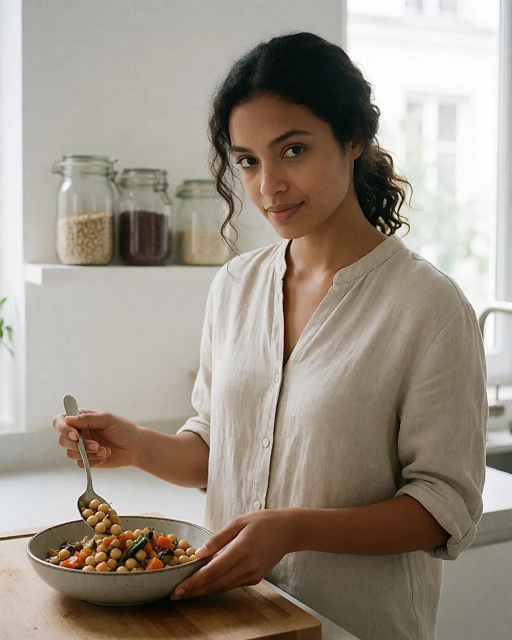Young woman assembling a bowl of pulses and vegetables in a bright kitchen