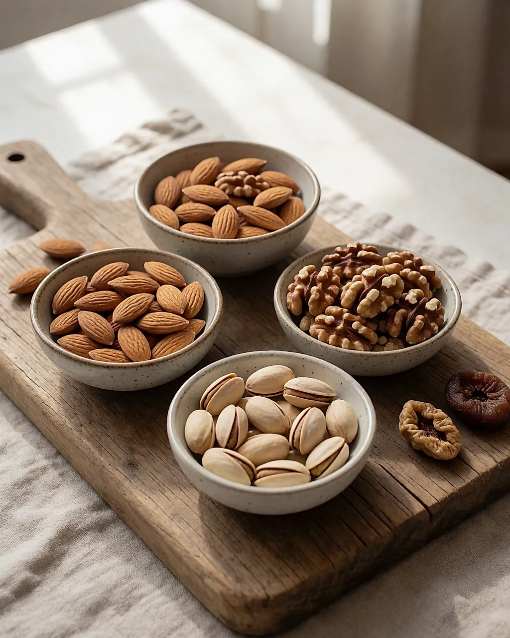Small bowls of almonds, walnuts, pistachios and dried figs on a wooden board