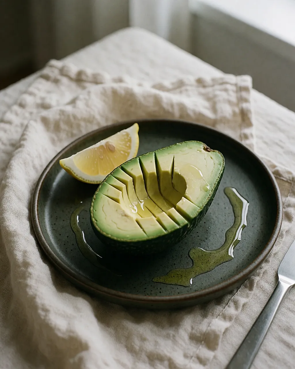 Half an avocado fanned out on a cloth, with a lemon wedge