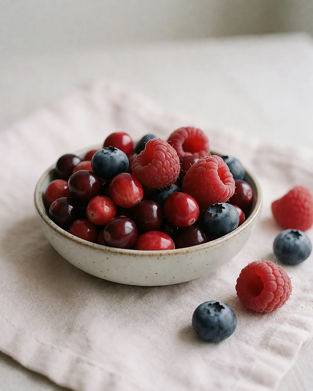 Bowl of fresh cranberries and berries on a light cloth
