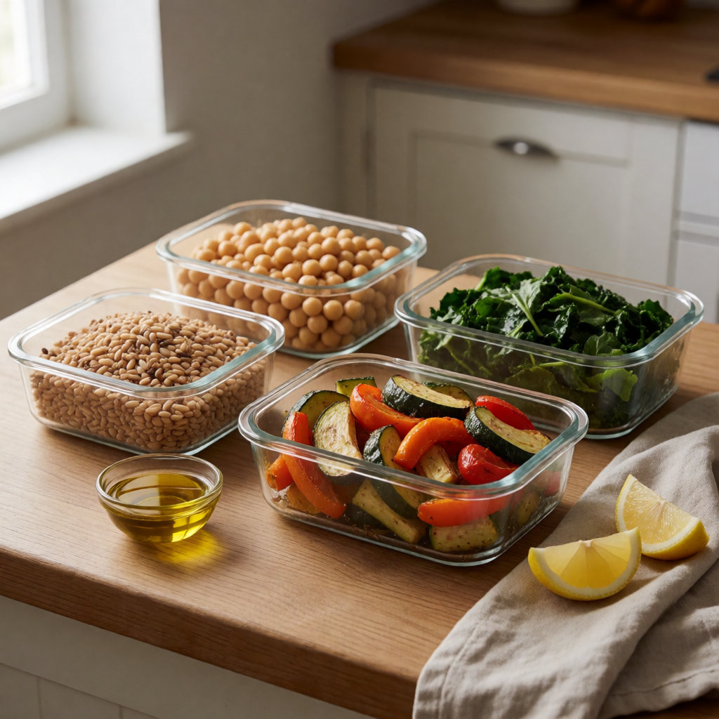 Bocaux de verre préparés pour la semaine avec légumes, légumineuses et céréales complètes