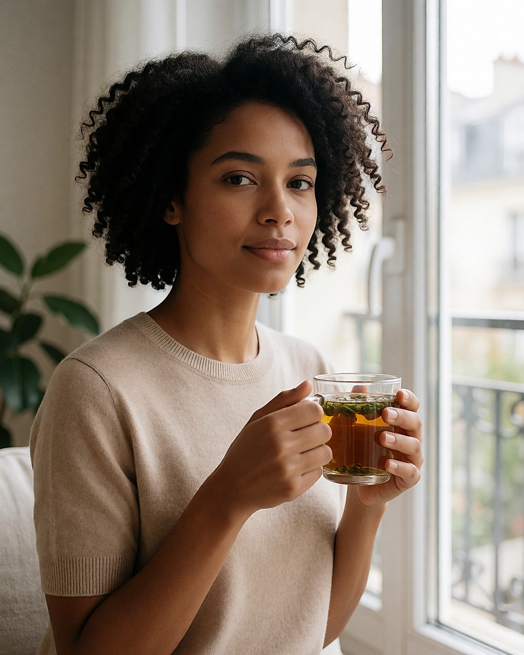 Jeune femme assise près d'une fenêtre, un mug de tisane entre les mains, expression apaisée