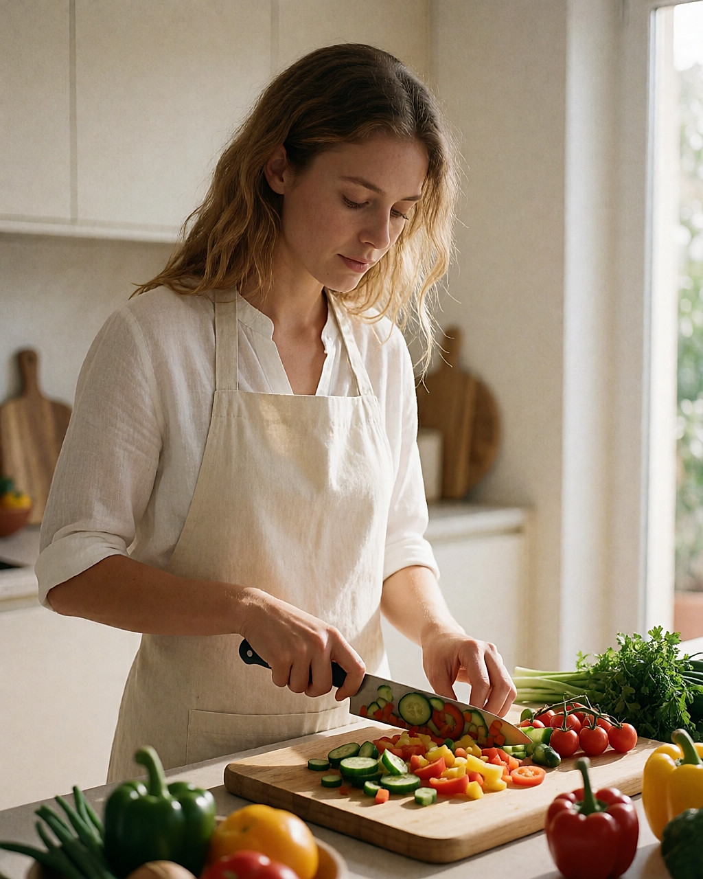 Jeune femme coupant des légumes frais sur une planche en bois dans une cuisine lumineuse